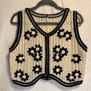 Crochet Floral Vest in Black and Cream
